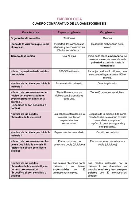 Diferencia entre gametogénesis y embriogénesis
