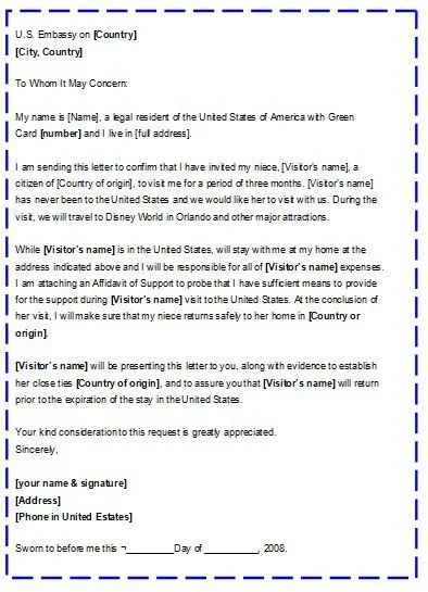 Carta de invitación de muestra para visa de turista