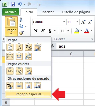 Diferencia entre pegar y pegar especial
